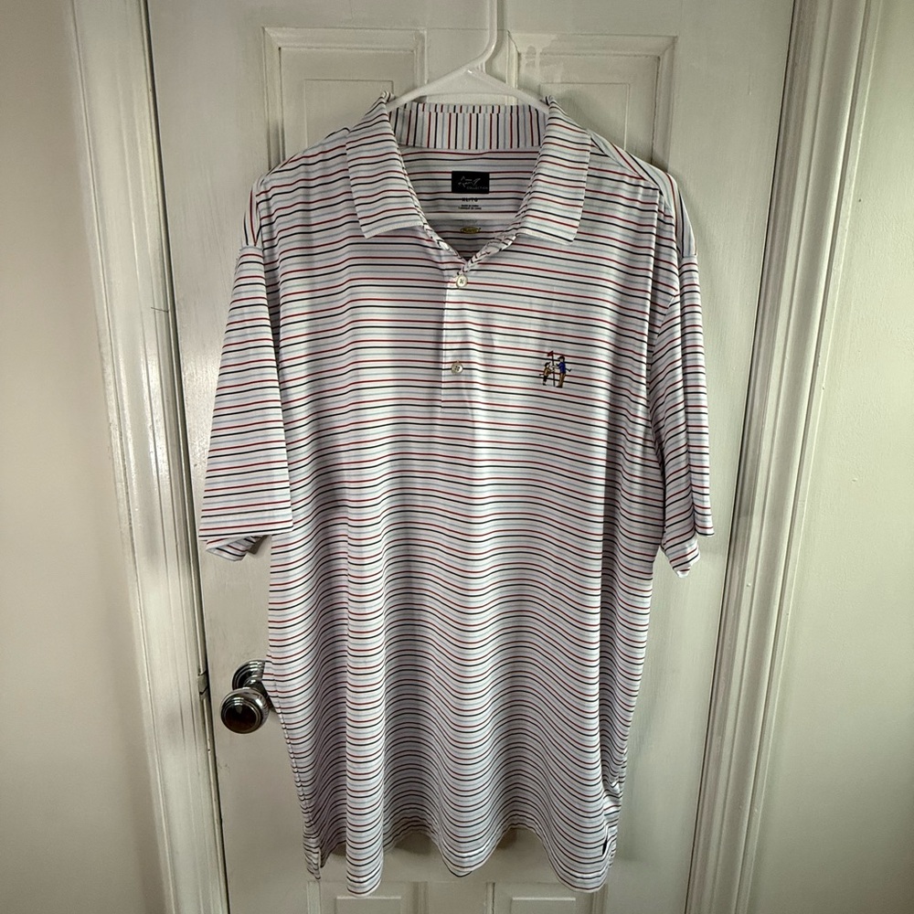 Greg Norman Collection Striped White Polo with Red & Navy Accents